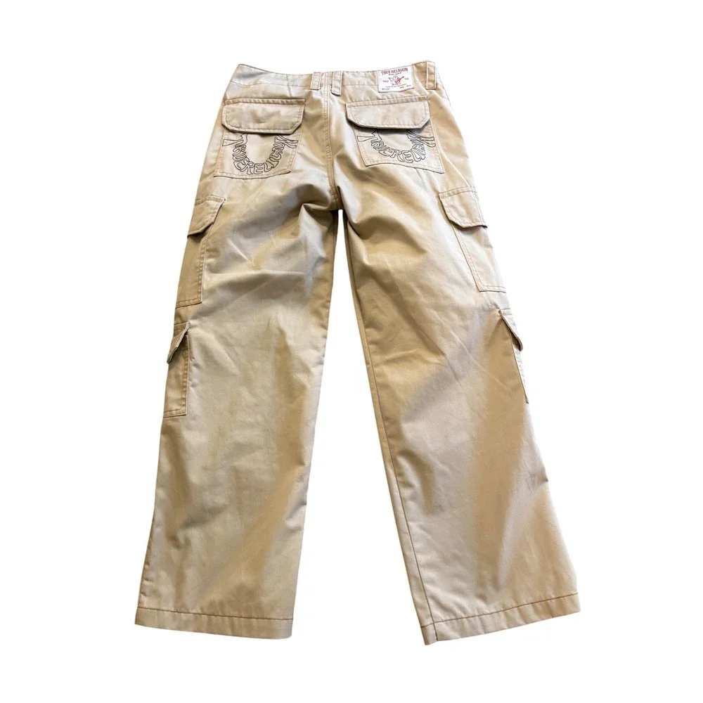 True Religion Mens Khaki Cargo Pants Tan Wide Leg Y2K Horseshoe Logo Size 28